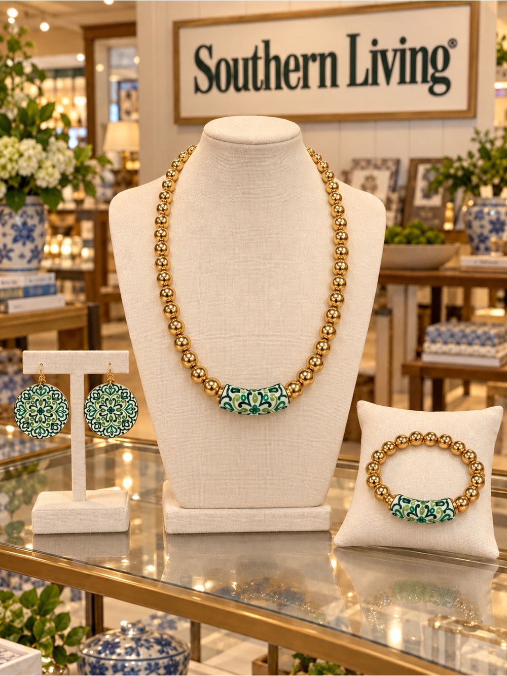 Southern Living Gold Bead Necklace with Green and Teal Ceramic Accent